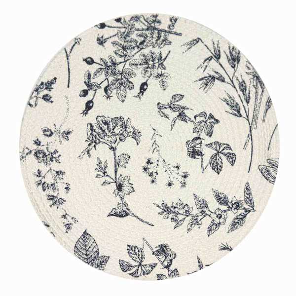 Navy Blue Floral Print Braided Round Placemat, 15"