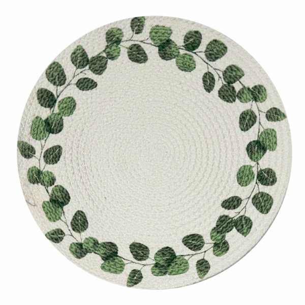 Green Leaf Print Braided Round Placemat, 15"