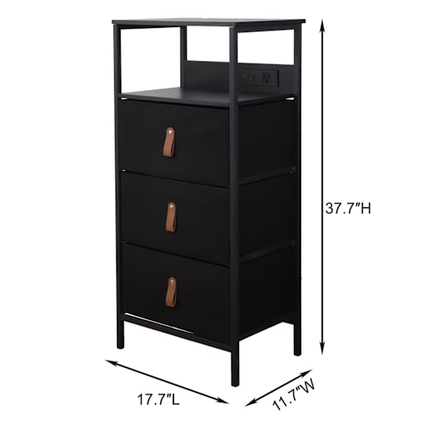 Sean 3-Drawer Storage Tower with Shelf USB, Black