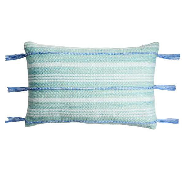 Honeybloom Aqua Blue Textured Stripe Outdoor Lumbar Throw Pillow, 14x20