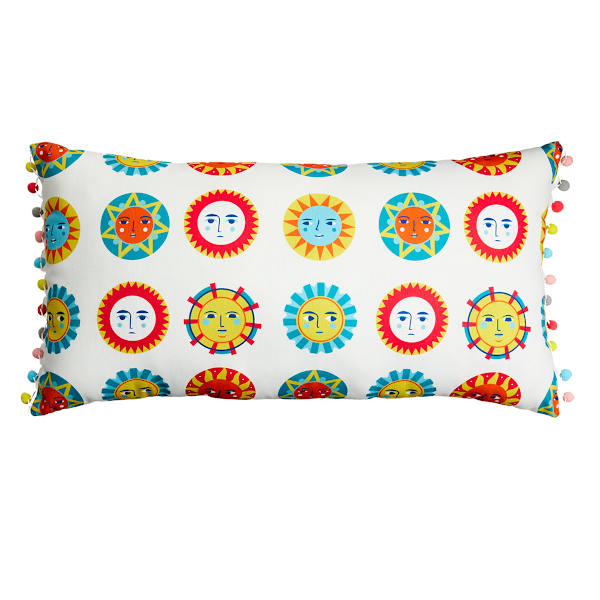 Sun With Mini Pom Pom Trim Lumbar Outdoor Throw Pillow, 26x14