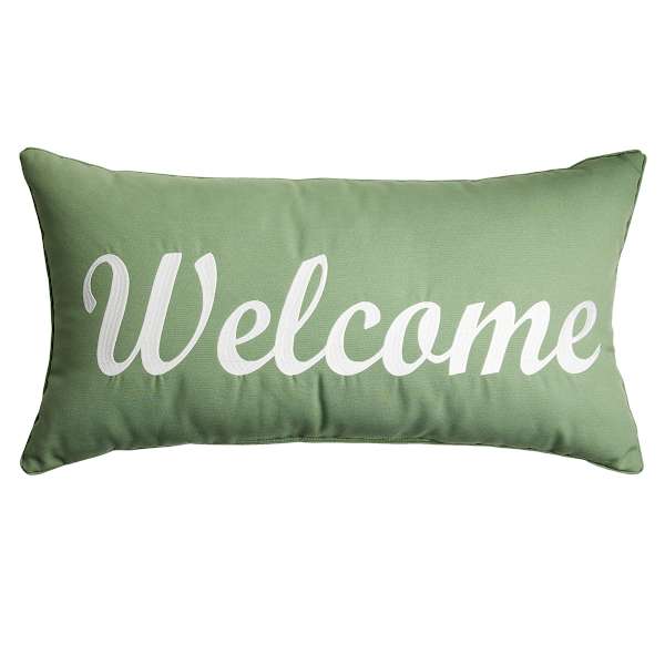 Honeybloom Green Welcome Embroidered Lumbar Outdoor Throw Pillow, 14x20