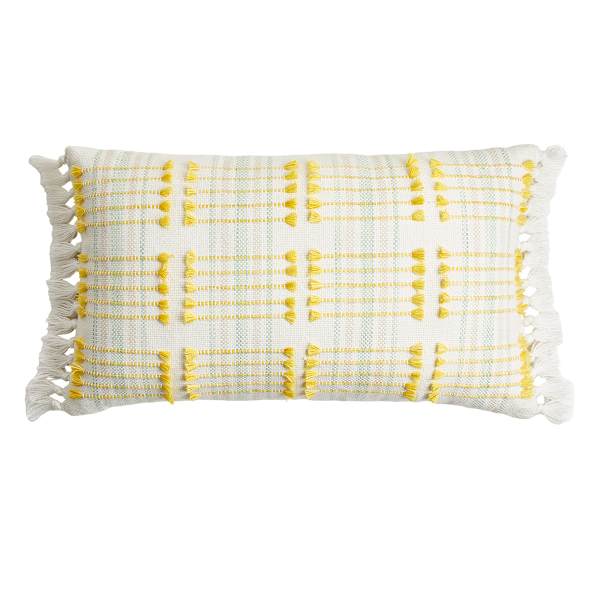 Honeybloom Yellow & White Stitch Woven Lumbar Outdoor Throw Pillow, 14x24