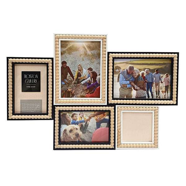 5-Opening Black & Natural Wood Beaded Collage Wall Frame, 19x13