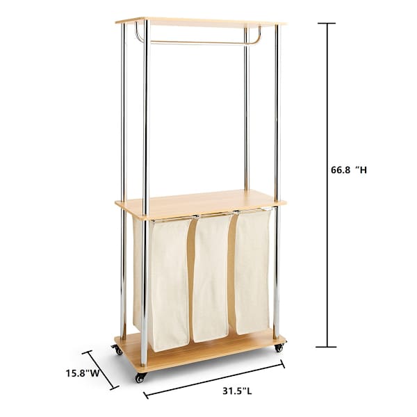 REAL SIMPLE Rolling Triple Laundry Sorter Station with Clothing Rack