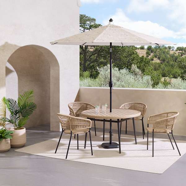 Paloma Patio Dining Table, Wicker Patio Dining Chairs & Patio Umbrella 7-Piece Set