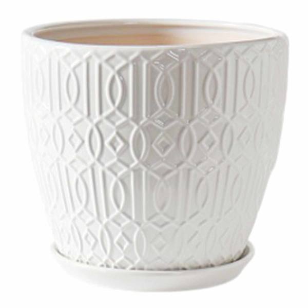 Embossed Tan Outdoor Ceramic Planter with Saucer, Medium