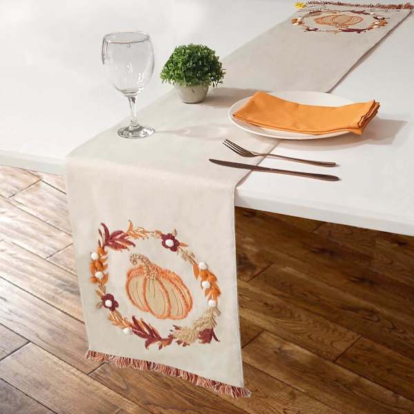 Homespun Harvest Embroidered Pumpkin & Wreath Table Runner, 13x72