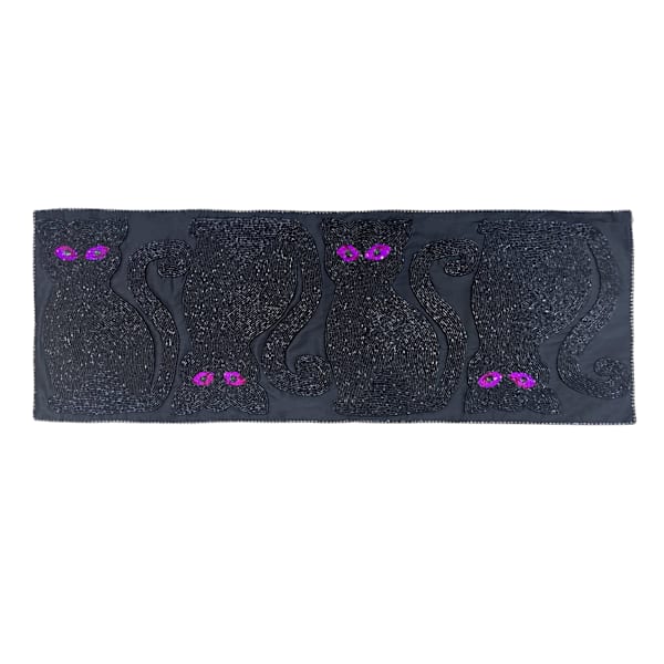 Spellbound Semi Beaded Black Cat Table Runner, 13x36