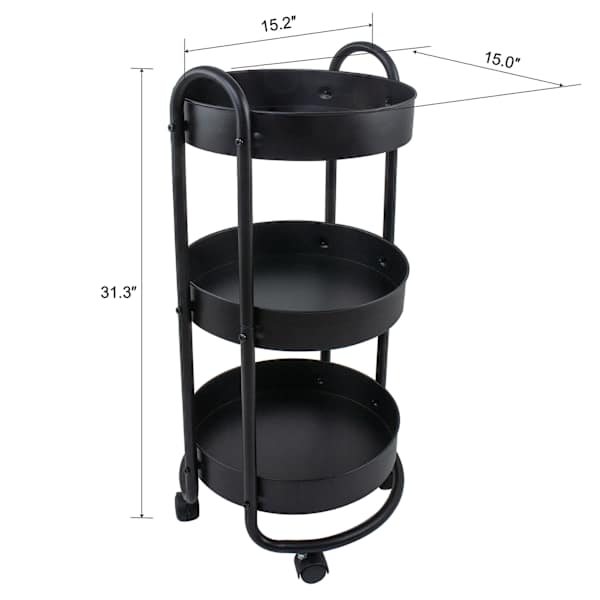 REAL SIMPLE 3-Tier Round Metal Rolling Cart, Black