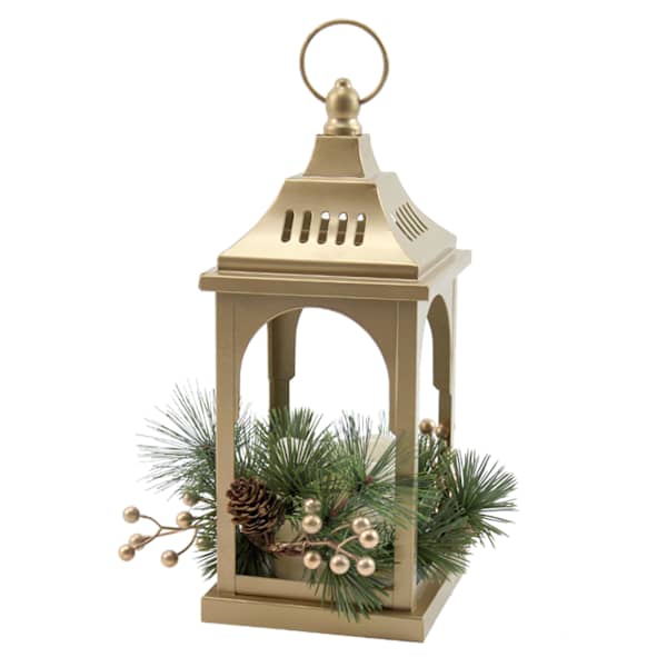 Gilded Evergreen Metal Lantern with LED Candle & Faux Plant