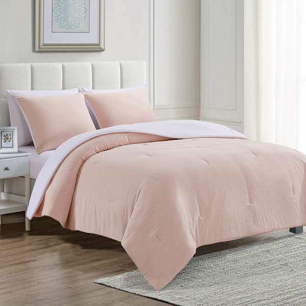 Pink & White Reversible Microfiber Comforter & Sheet Set, Full/Queen
