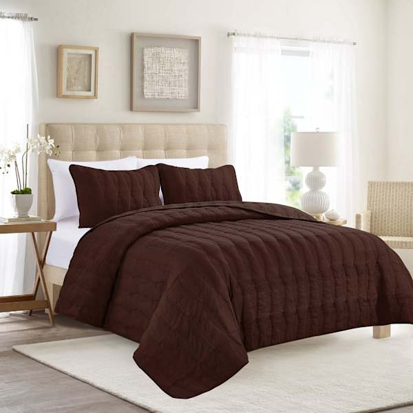 Providence 3-Piece Brown Embroidered Washed Microfiber Quilt Set, King