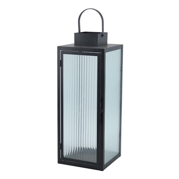 Black Metal Lantern with Ribbed Glass, 21"