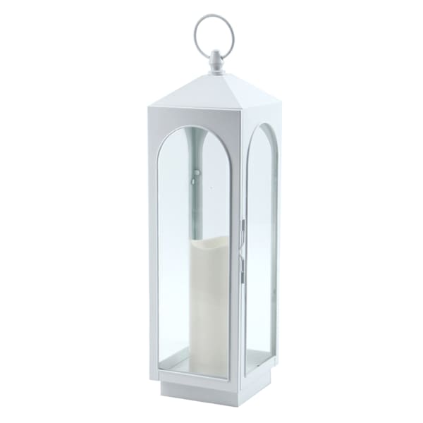 White Metal LED Pillar Candle Lantern, 18"
