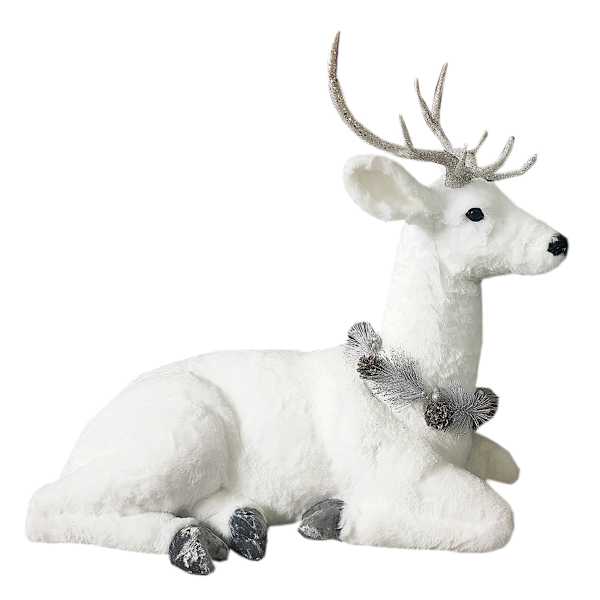 Silver Large Faux Fur Sitting Deer, 28"