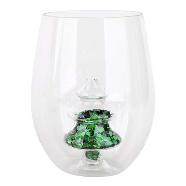 Stemless Wine Glass with Glittered Christmas Tree Icon, 17oz