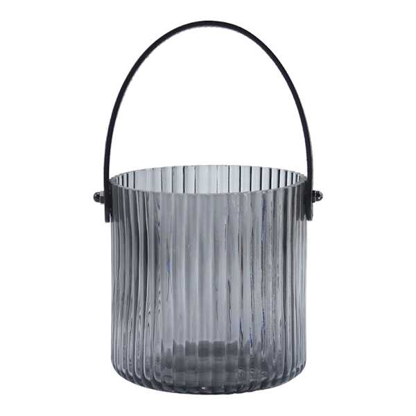 Smoke Ribbed Glass Lantern with Black Leather Handle, 4.7"