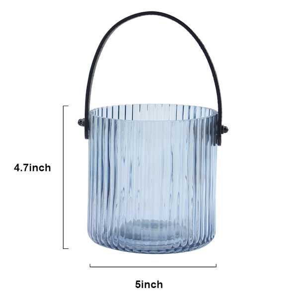 Blue Ribbed Glass Lantern with Black Leather Handle, 4.7"