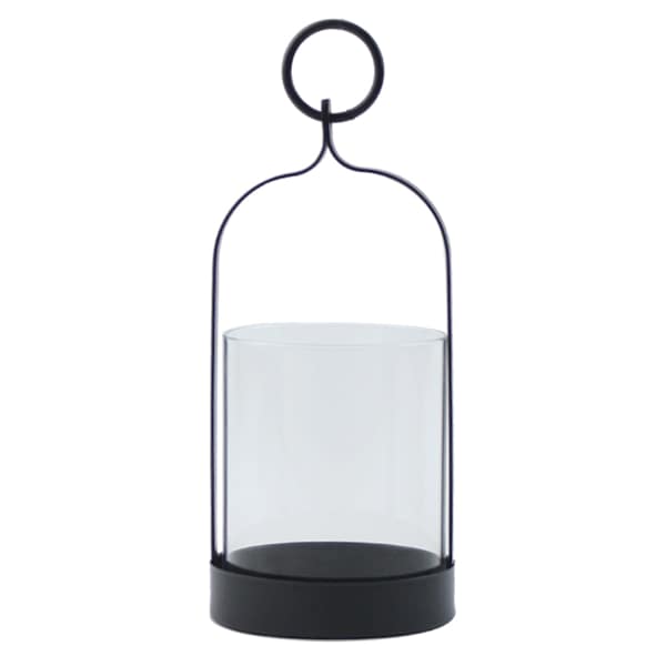 Black Metal Glass Lantern with Ring Handle, 8"