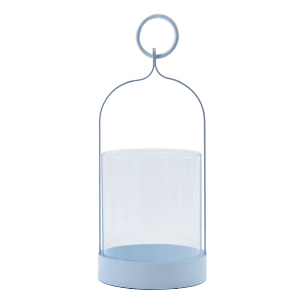 Blue Metal & Glass Lantern with Ring Handle, 8"