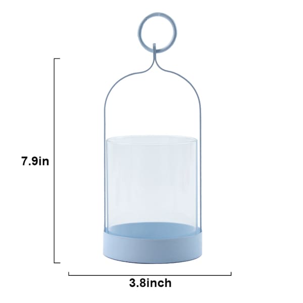 Blue Metal & Glass Lantern with Ring Handle, 8"