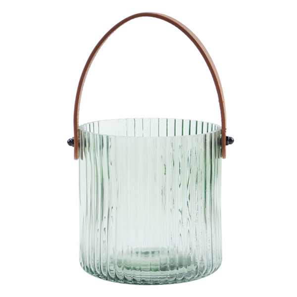 Ribbed Green Glass Lantern with Brown Leather Handle, 5"