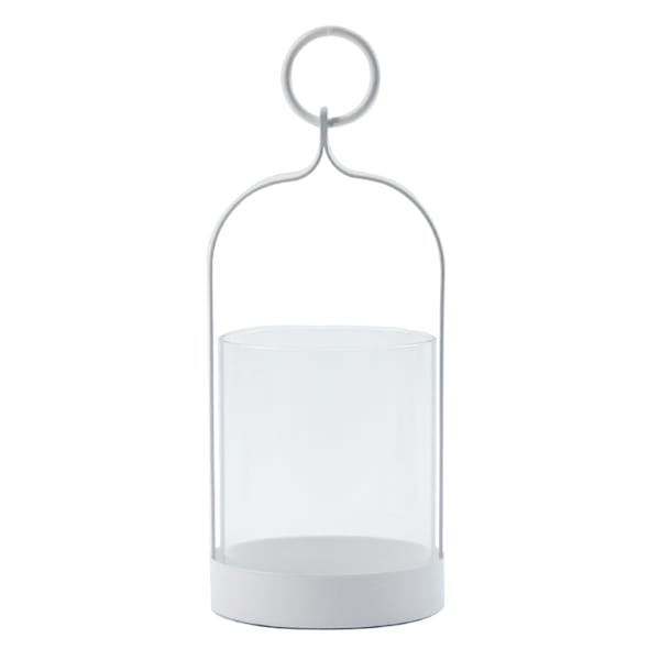 White Metal & Glass Lantern with Ring Handle, 8"