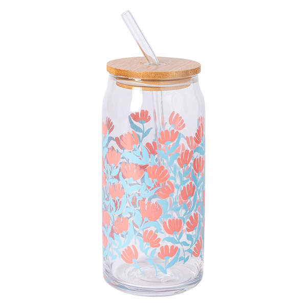 REAL SIMPLE Floral Glass Tumbler with Bamboo Lid, 24oz