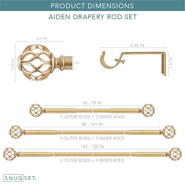 Snugset 1" Brass Cage Curtain Rod, 60-120"