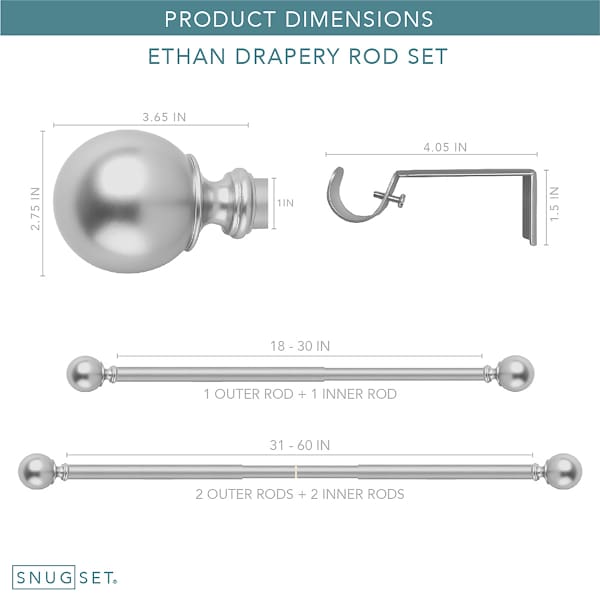 Snugset 1" Nickel Ball No-Tool Curtain Rod, 18-60"