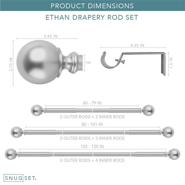 Snugset 1" Nickel Ball No-Tool Curtain Rod, 60-120"