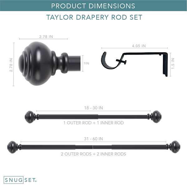 Snugset 1" Black Knob No-Tool Curtain Rod, 18-60"