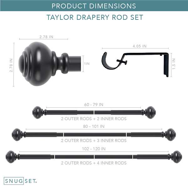 Snugset 1" Black Knob No-Tool Curtain Rod, 60-120"