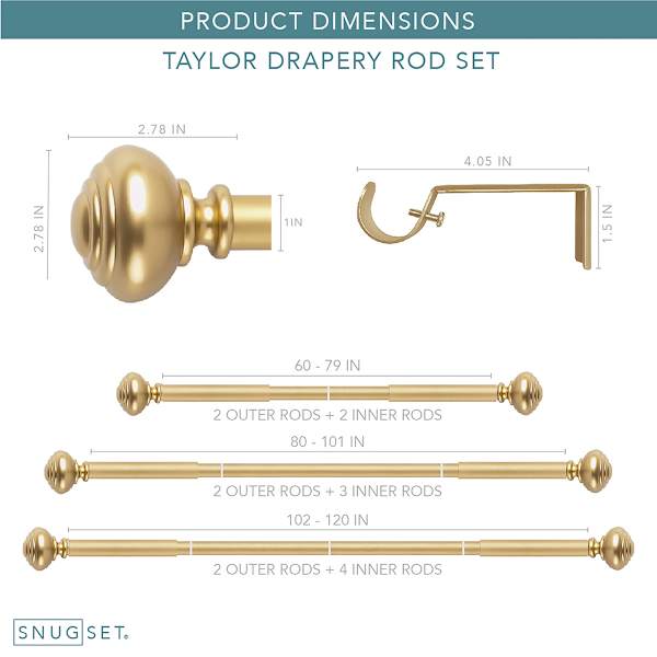 Snugset 1" Brass Knob No-Tool Curtain Rod, 60-120"