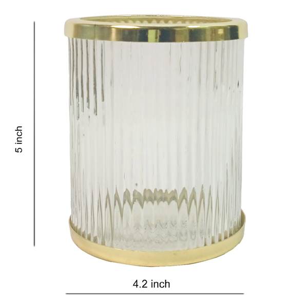 Ribbed Glass Hurricane with Gold Rim, 5"
