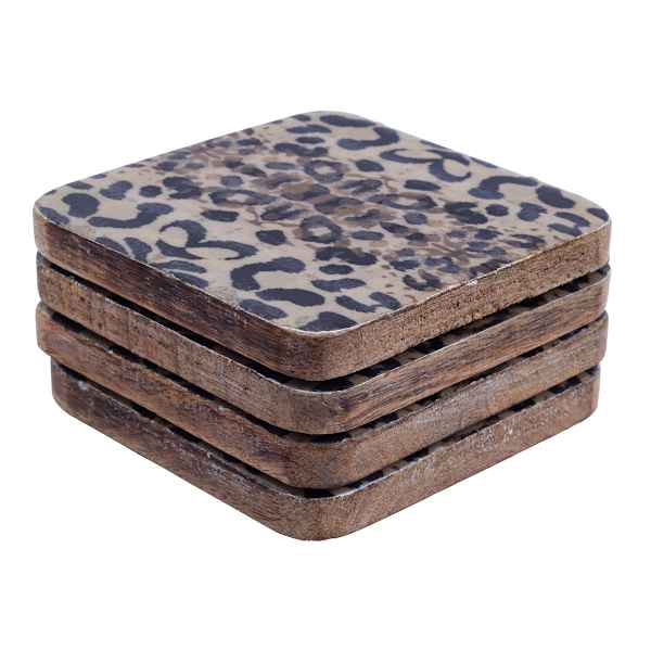 Set of 4 Square Leopard Print Enamel Wood Coasters