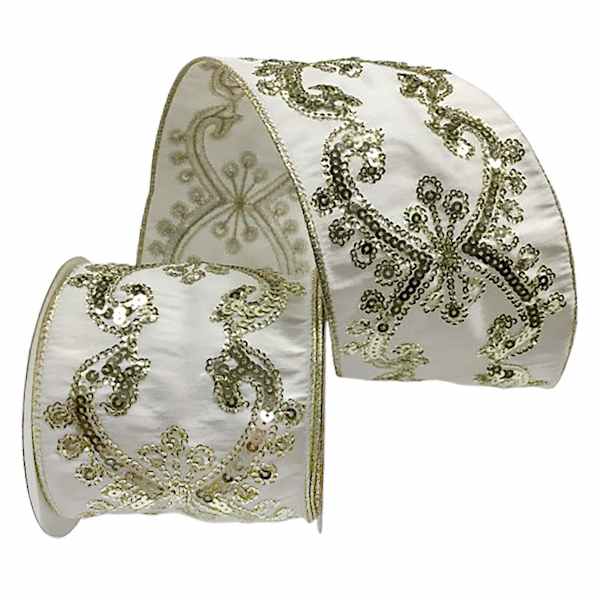 4" Gold & White Sequin Ribbon, 5yd