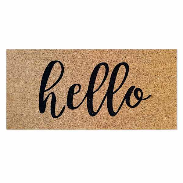 Black & Natural Hello Script Coir Mat, 22x47