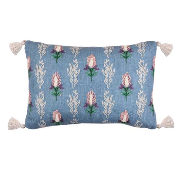 Providence Highlight Embroidery On Printed Pillow with Corner Tassels, 20x14