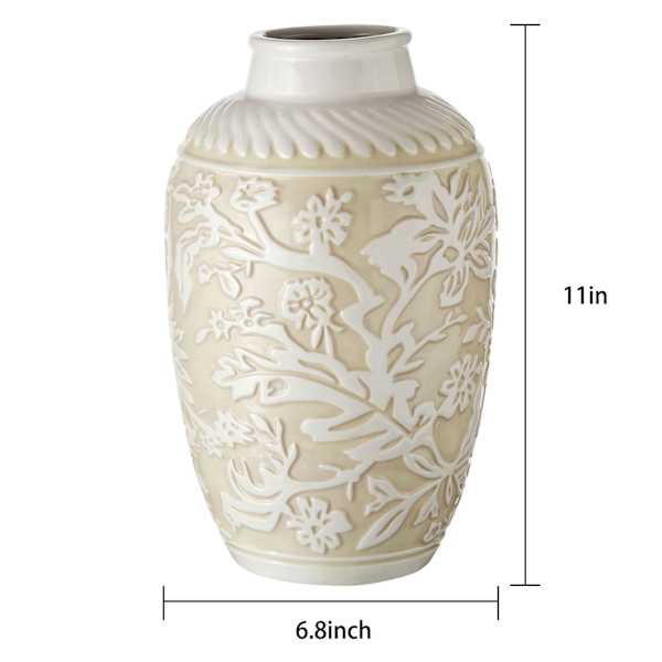 Natural Embossed Flower Ceramic Vase, 11"