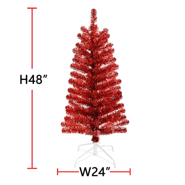(A11) Pre-Lit Red Tinsel Christmas Tree, 4'