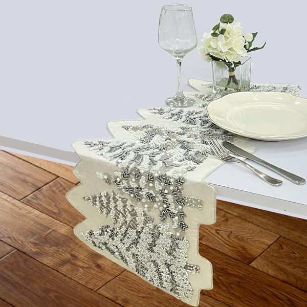 Arctic Wonderland Silver Beaded Tree Table Runner, 36x13
