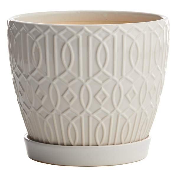 Embossed White Indoor Ceramic Planter with Saucer, Medium