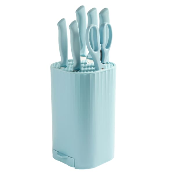 REAL SIMPLE 8-Piece Blue Ribbed Cutlery Block Set with Sharpener