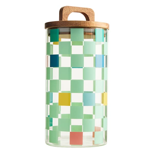 REAL SIMPLE Green Check Print Glass Canister with Acacia Lid, 34oz