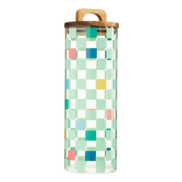REAL SIMPLE Green Check Print Glass Canister with Acacia Lid, 62oz