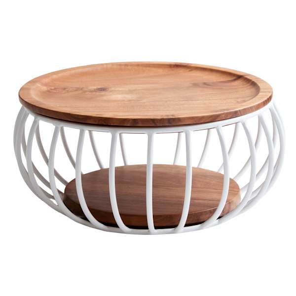 REAL SIMPLE Small White Metal Wire Fruit Basket with Acacia Wood Lid, 9"