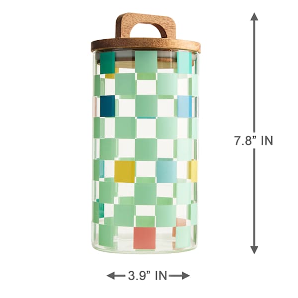 REAL SIMPLE Green Check Print Glass Canister with Acacia Lid, 34oz