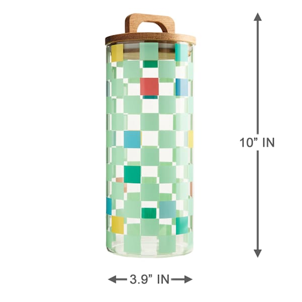REAL SIMPLE Green Check Print Glass Canister with Acacia Lid, 45oz